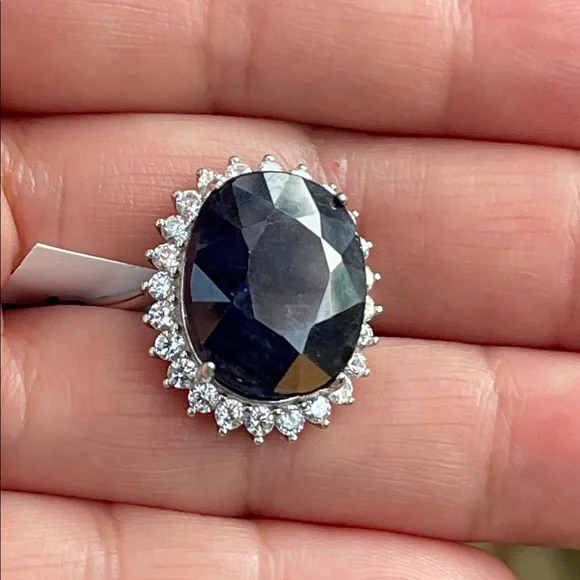 NWT Natural Sapphire 16X13mm CZ accents Statement Ring S10 Unheated/ Untreated - Picture 13 of 14